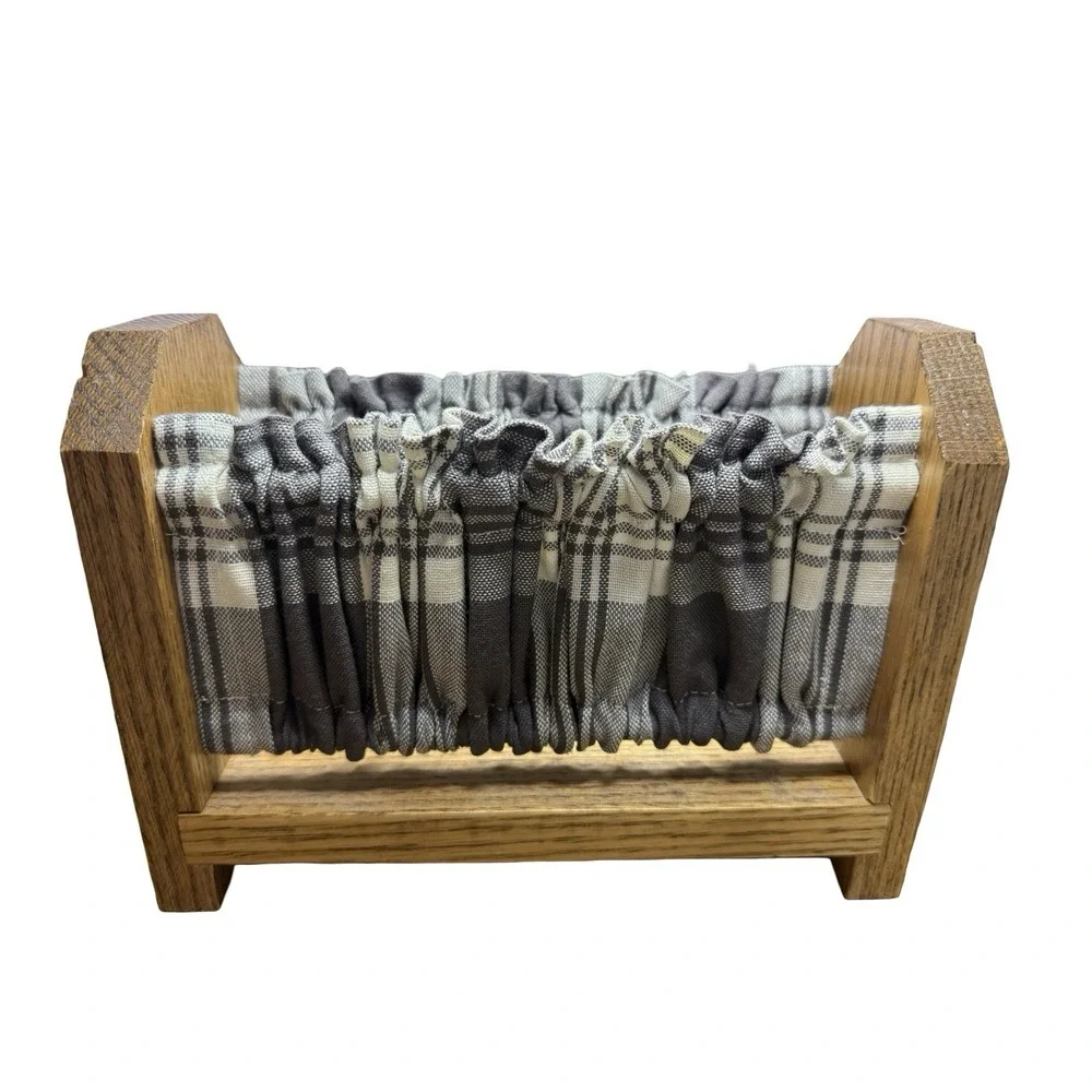 Vintage Wooden‎ Napkin Holder  white/black plaid Fabric Cottage Farmhouse Decor